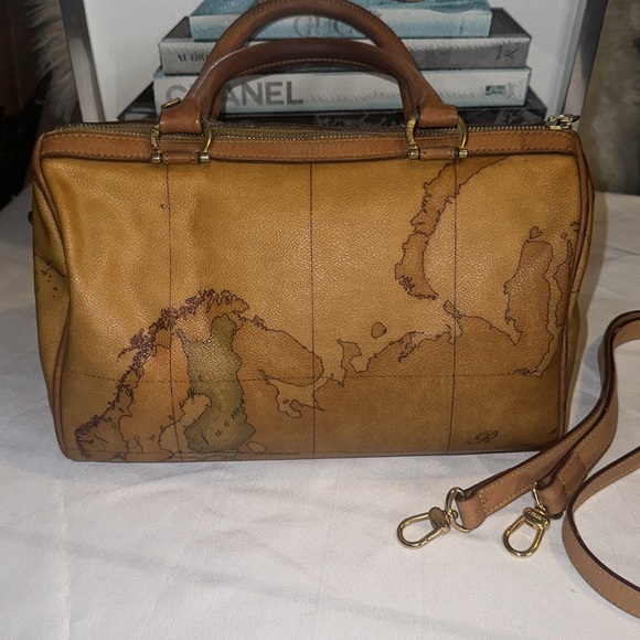 Alviero Martini Vintage Boston Bag Crossbody Purse Map Geo Leather Brown GUC - Picture 7 of 13